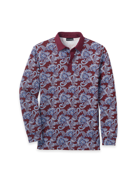 Long Sleeve Cotton Jersey 3-Button Polo With Patterned Trim