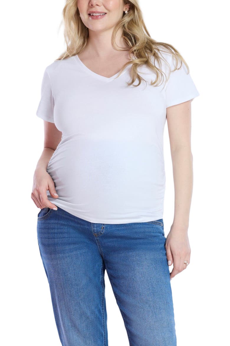 V-Neck Side-Ruched Maternity Short Sleeve Tee, Main, color, White