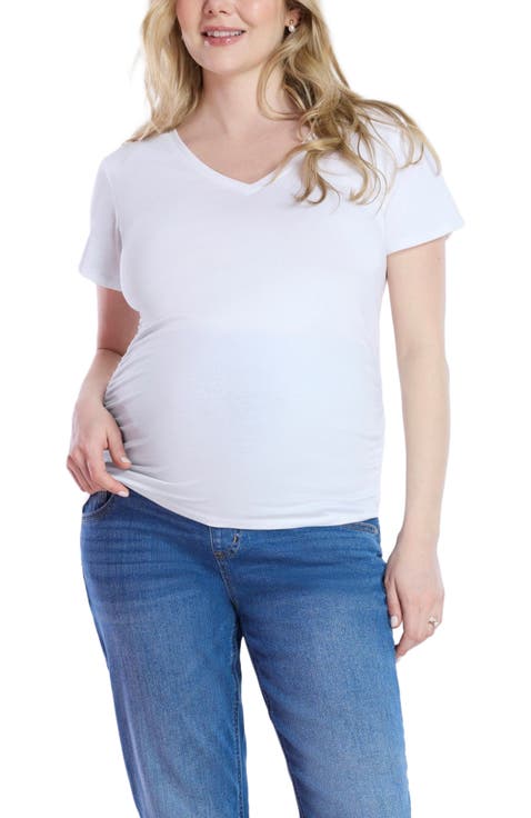 V-Neck Side-Ruched Maternity Short Sleeve Tee