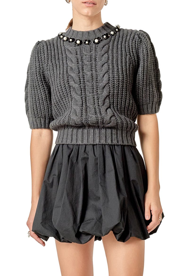 Pearly Bead Puff Sleeve Sweater, Main, color, CHARCOAL
