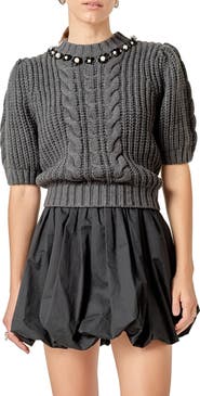 English Factory Pearly Bead Puff Sleeve Sweater