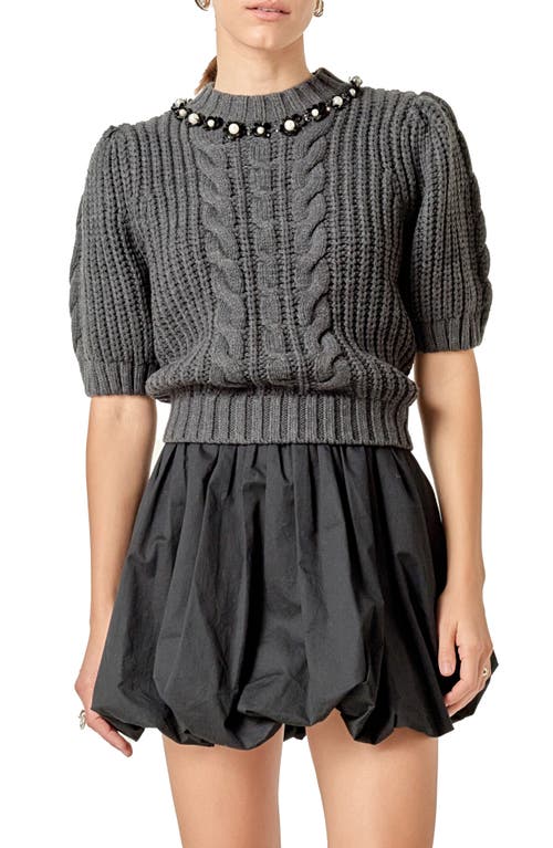 English Factory Pearly Bead Puff Sleeve Sweater In Gray