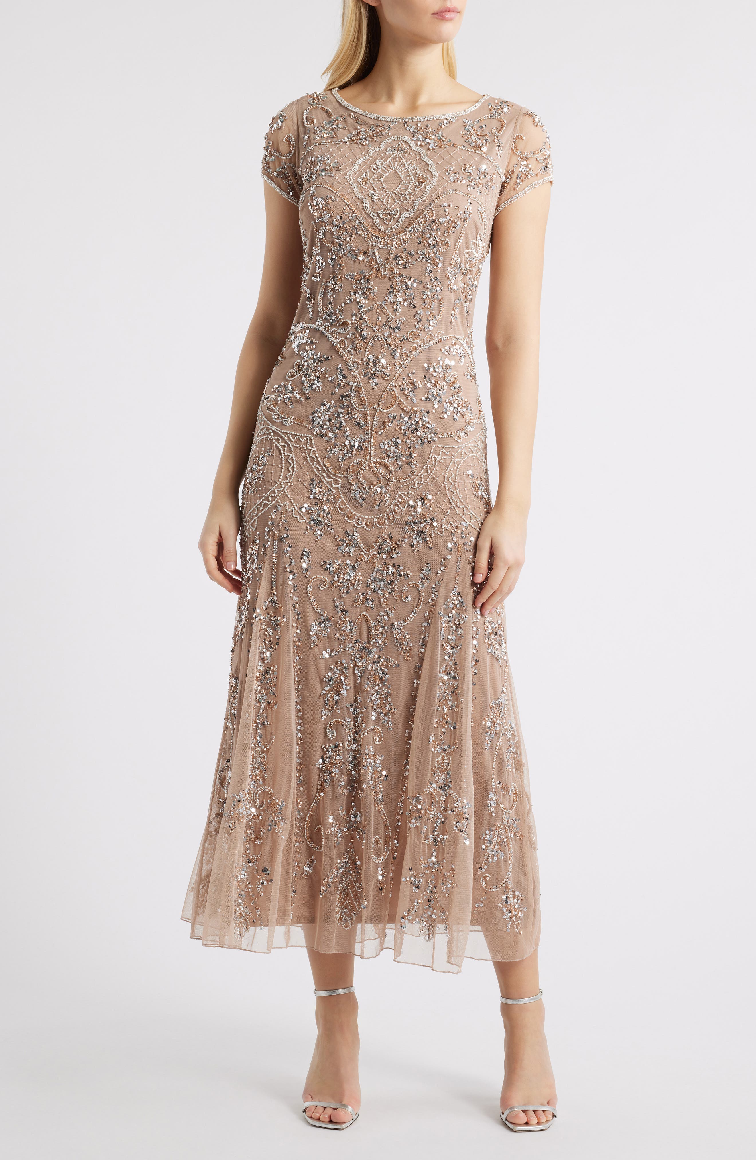 Pisarro Nights Beaded Mesh Midi Cocktail Dress