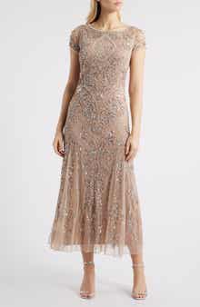 Pisarro Nights Beaded Mesh Midi Cocktail Dress
