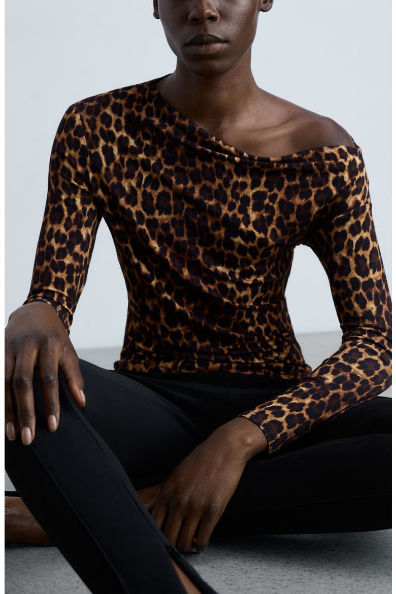 Asymmetric Off the Shoulder Long Sleeve Top, Alternate, color, BROWN