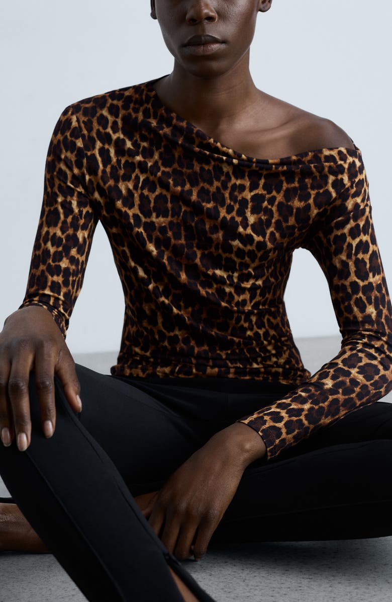 MANGO Asymmetric Off the Shoulder Long Sleeve Top, Alternate, color, Brown