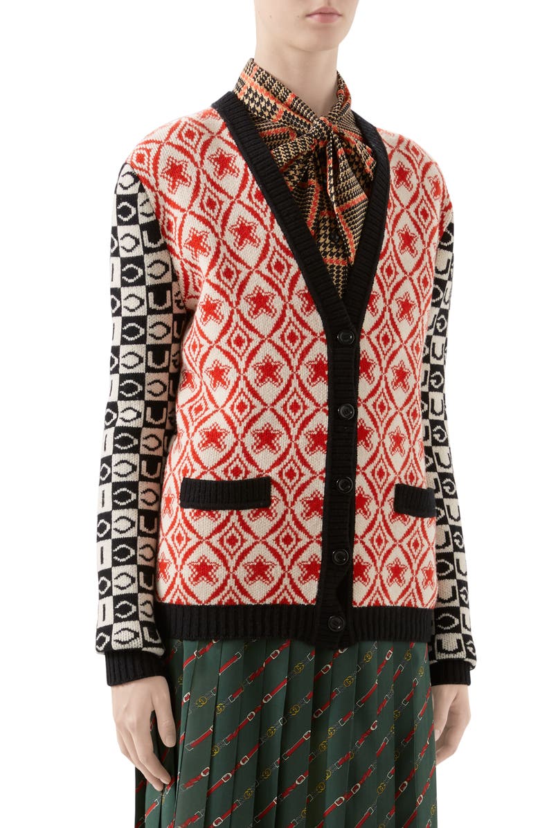 Gucci Checkerboard Jacquard Wool Cardigan, Main, color,