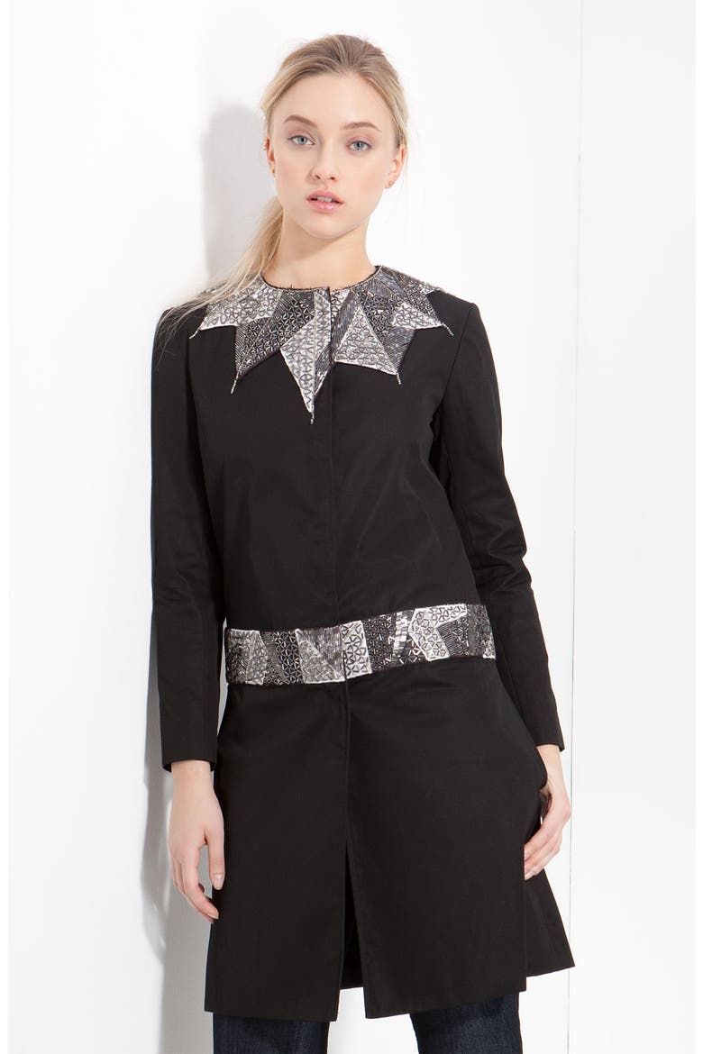 Mosaic Bead Embellished Trench Coat, Main, color, BLACK
