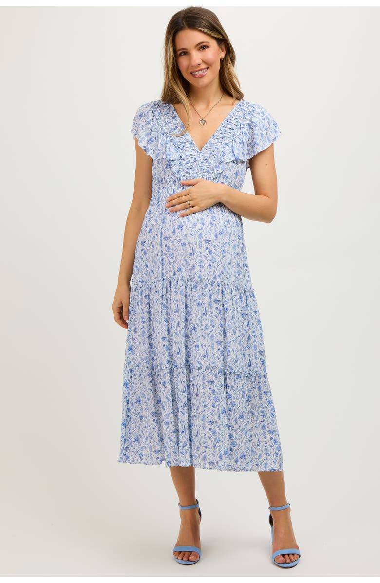 PinkBlush Floral Front Ruched Ruffle Shoulder Tiered Midi Dress, Main, color, Blue