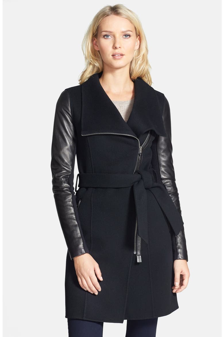 'Hemy' Leather Sleeve Asymmetrical Long Coat, Main, color, BLACK