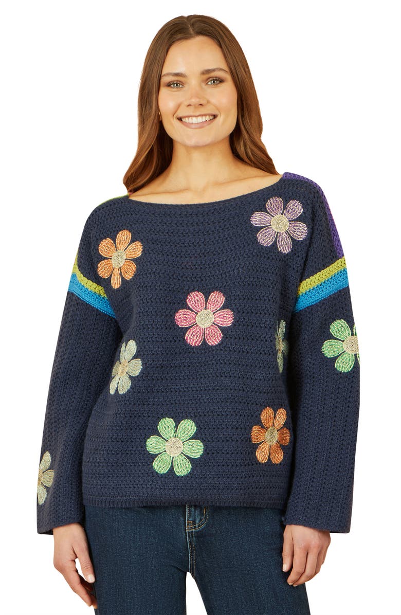 Yumi Crochet Flower Long Sleeve Jumper, Alternate, color, Navy