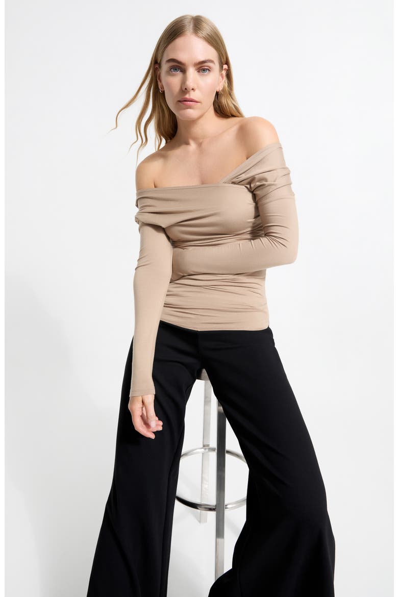 Jisoo Ruched Surplice Neck Jersey Top, Alternate, color, SAND