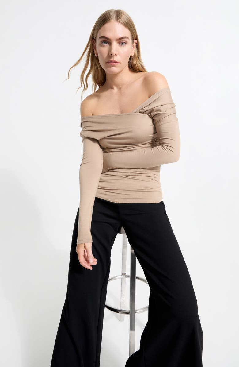 Marcella Jisoo Ruched Surplice Neck Jersey Top, Alternate, color, Sand