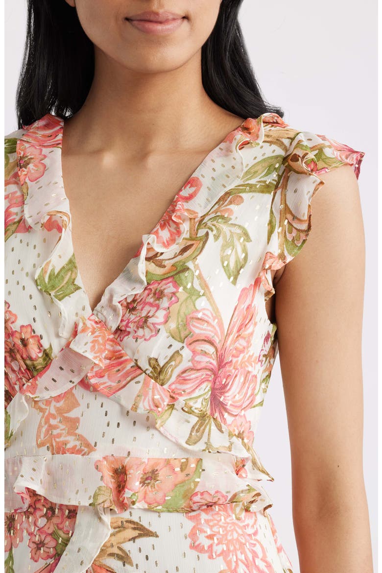 Floral Metallic Detail Cascade Ruffle Dress, Alternate, color, EGRET