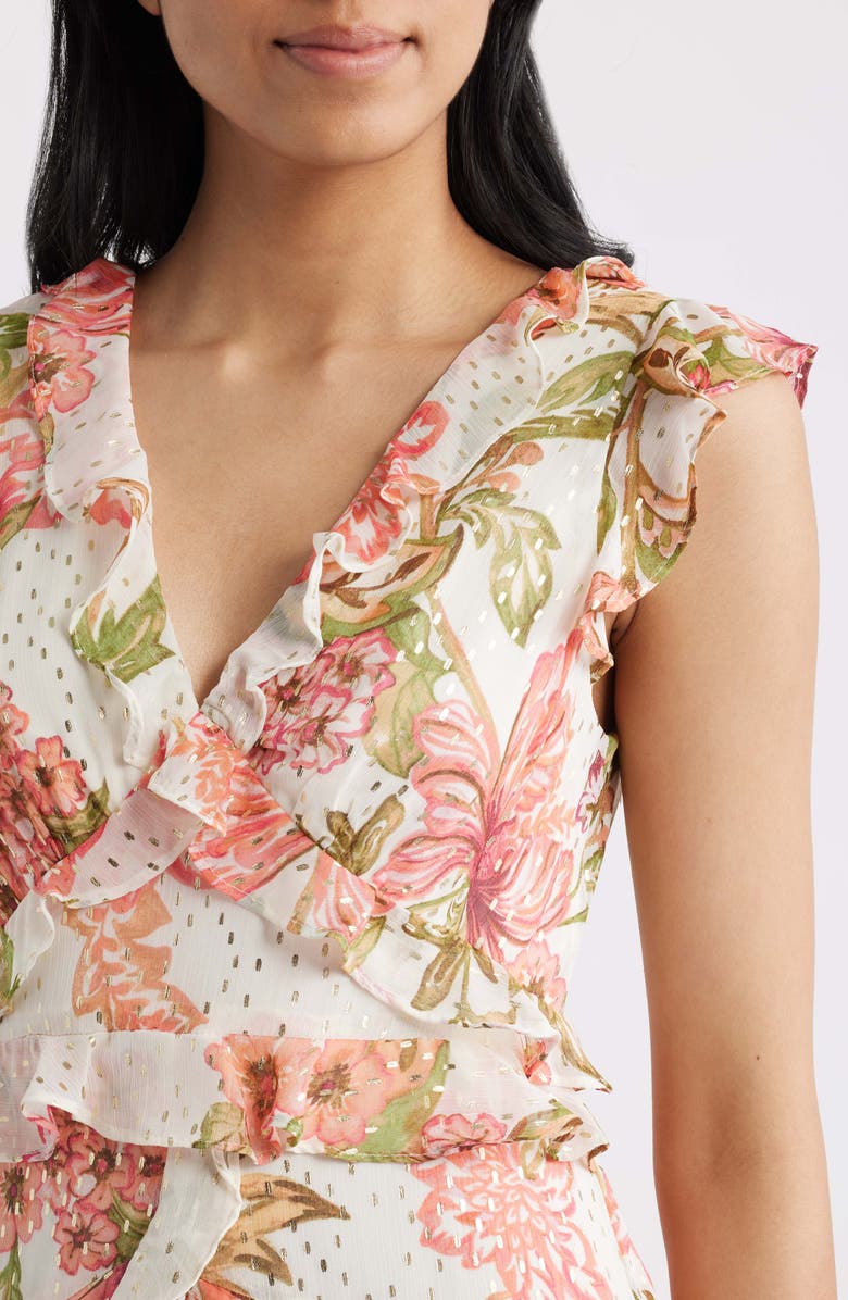 CeCe Floral Metallic Detail Cascade Ruffle Dress, Alternate, color, Egret