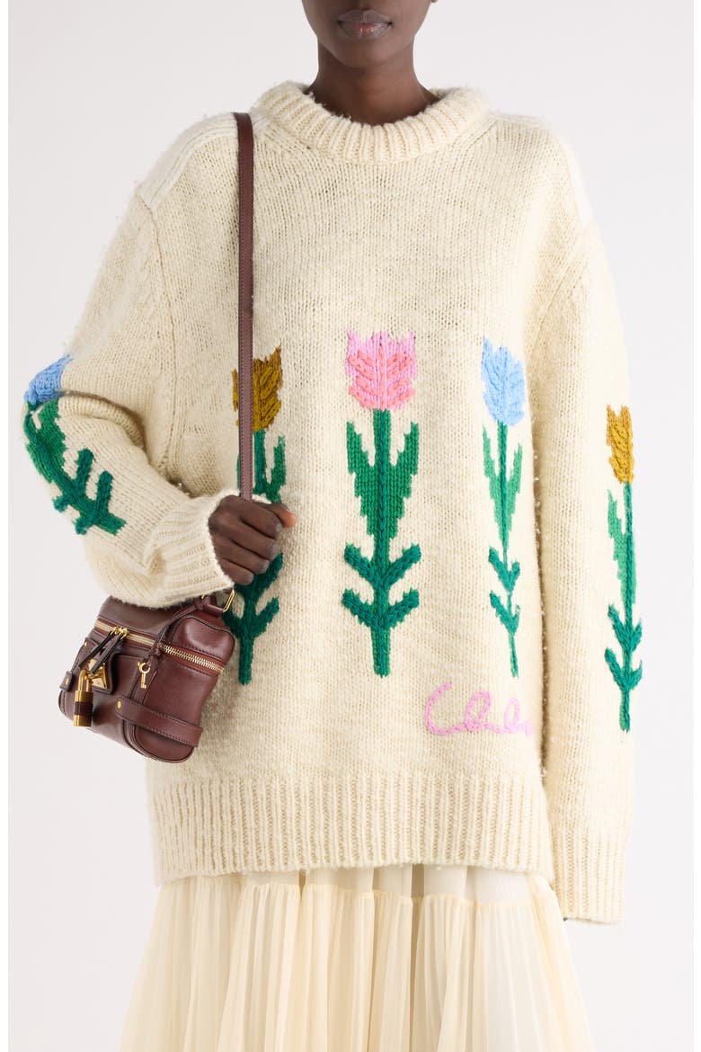 Intarsia Tulip Oversize Wool Sweater, Main, color, COCONUT MILK