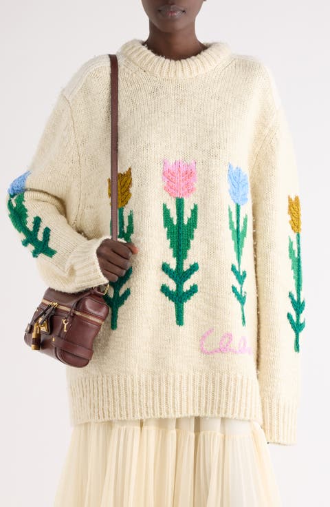 Intarsia Tulip Oversize Wool Sweater