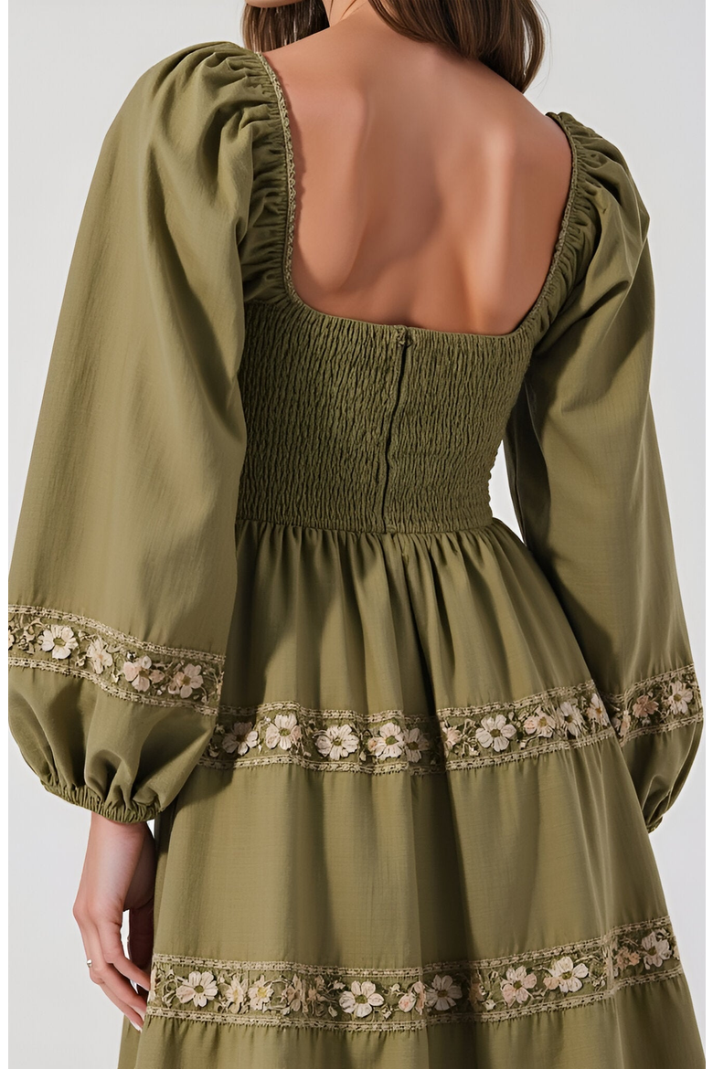 Smocked Bodice Maxi Dress with Lace Inset Tiers and Long Puff Sleeves, Alternate, color, Olive Green