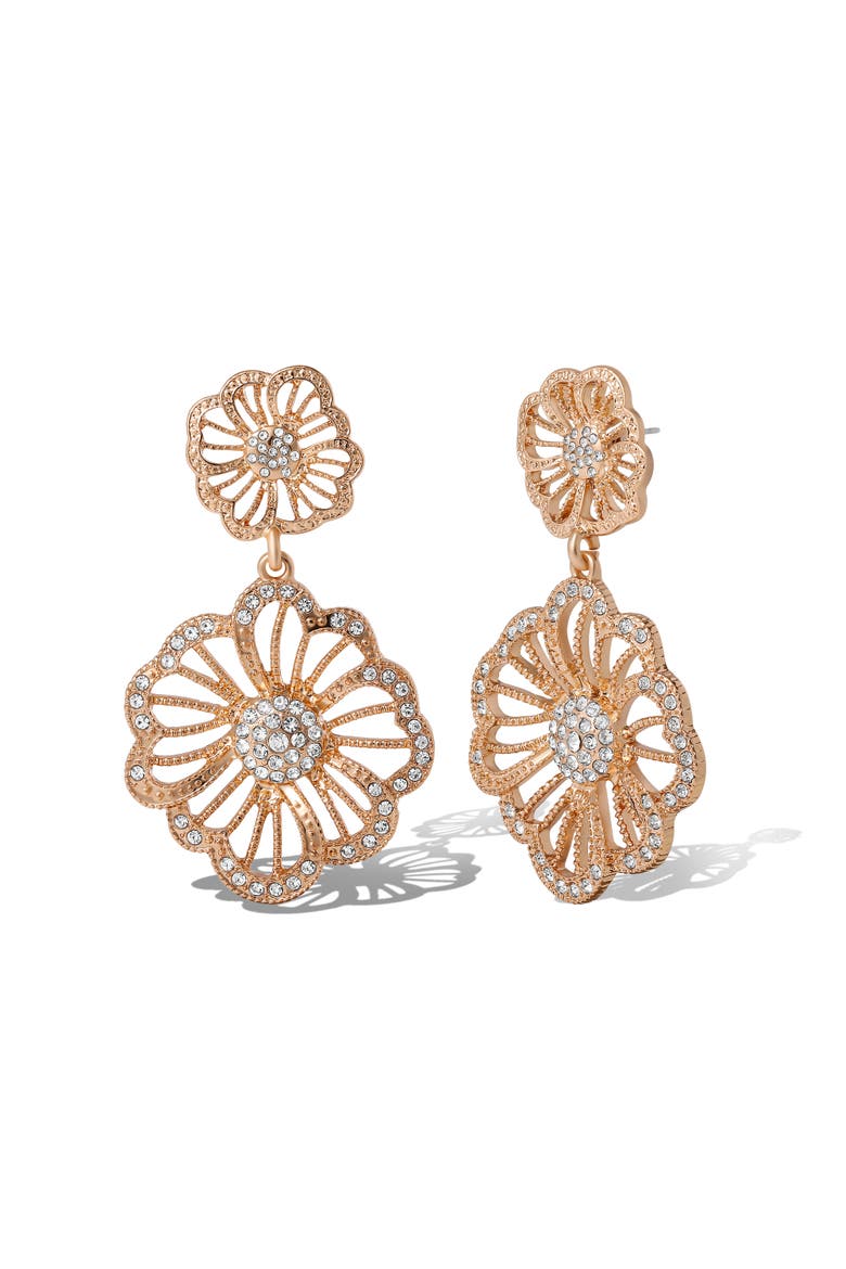 Clear Pave Crystal Flower Dangle Earrings, Alternate, color, Gold