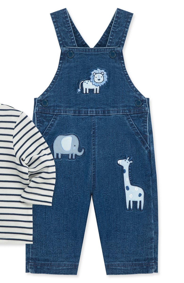Little Me Safari Animal Denim Overalls & Stripe T-Shirt Set, Alternate, color, Blue