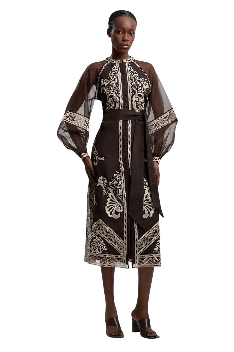 Embroidered Mandarin Collar Midi Dress, Main, color, Chocolate