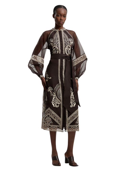 Embroidered Mandarin Collar Midi Dress