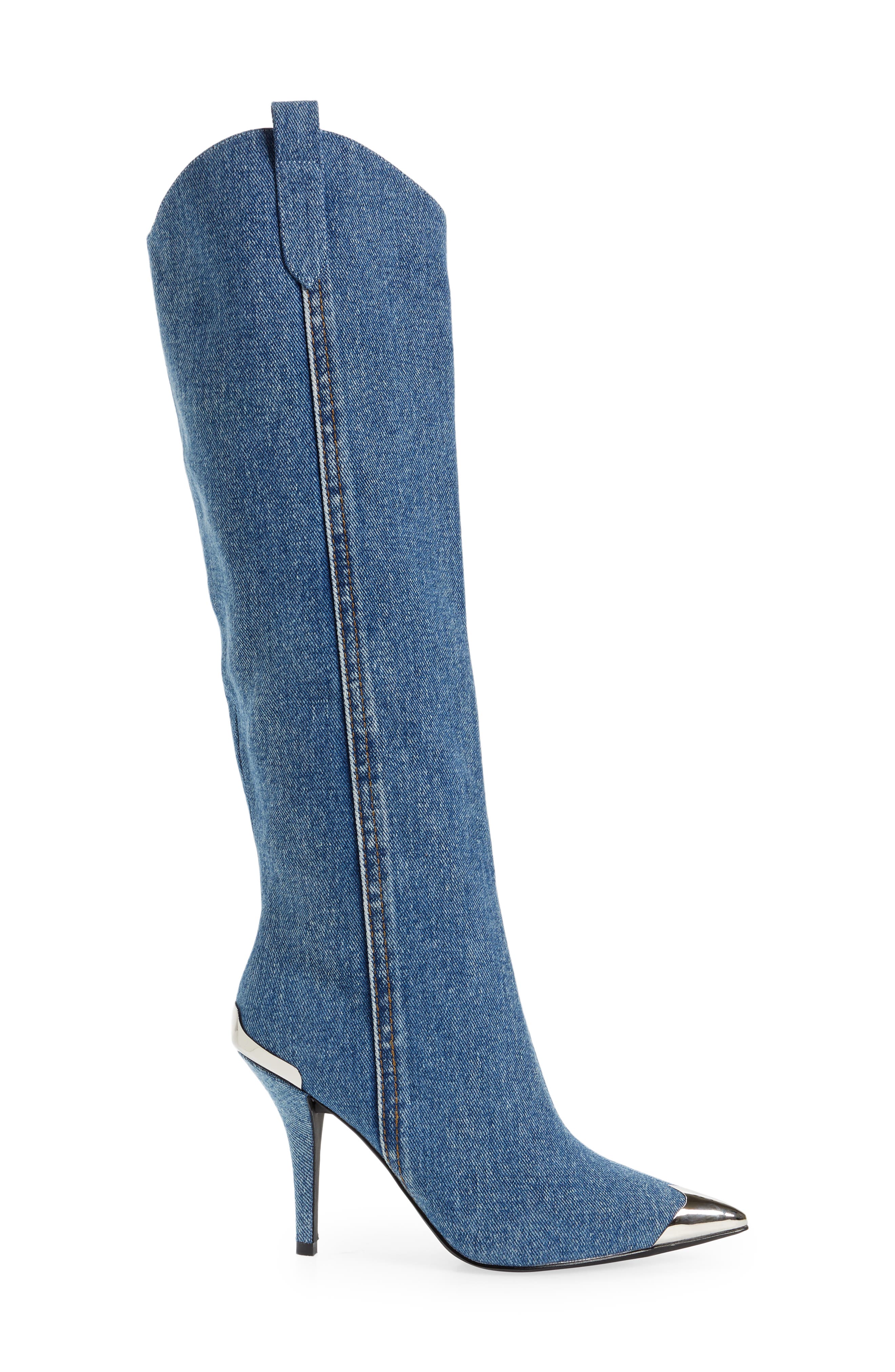 Jeffrey Campbell By Golly Knee High Denim Western Boot, Alternate, color, 