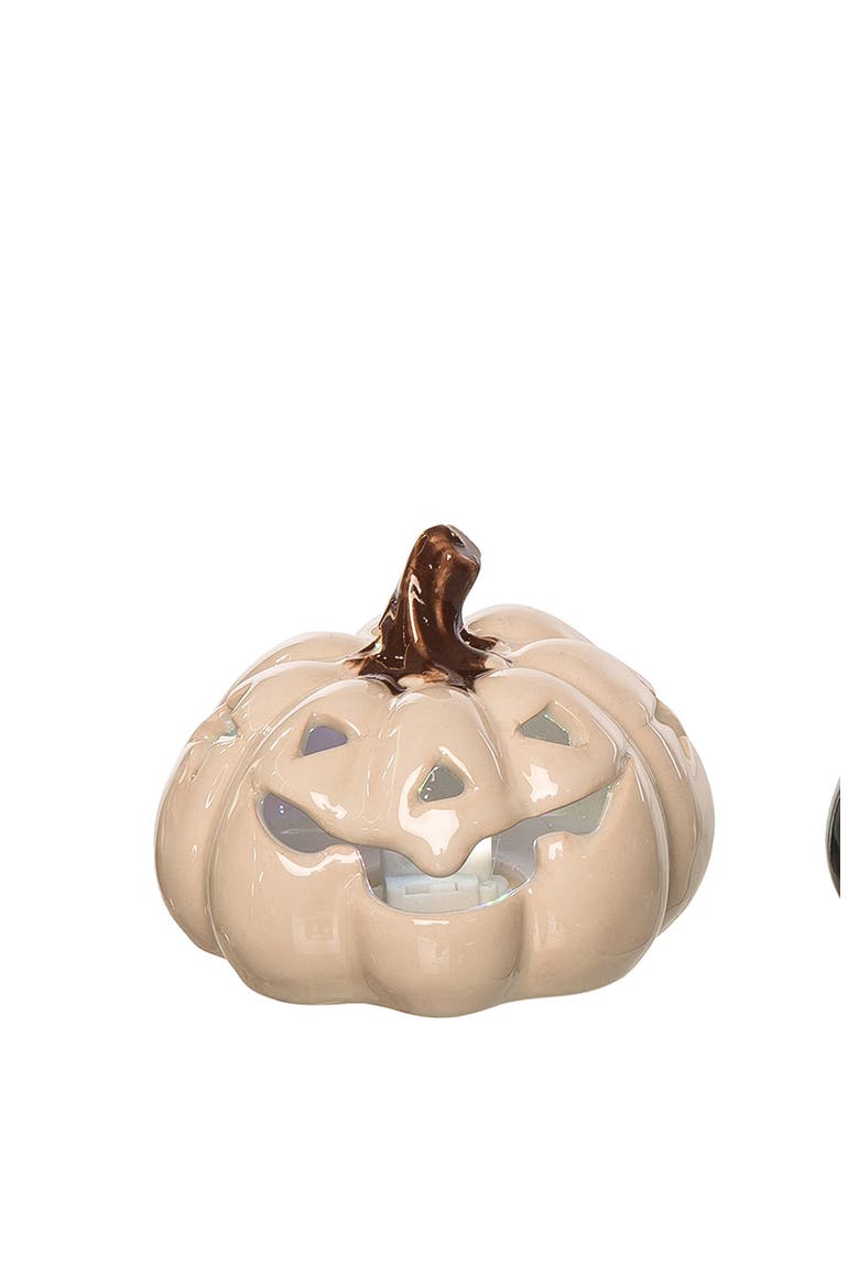 3.27" x 3.94" Orange White Black Stoneware Pumpkin 3-Piece Light Up Jack O' Lantern Halloween Figurines, Alternate, color, Orange