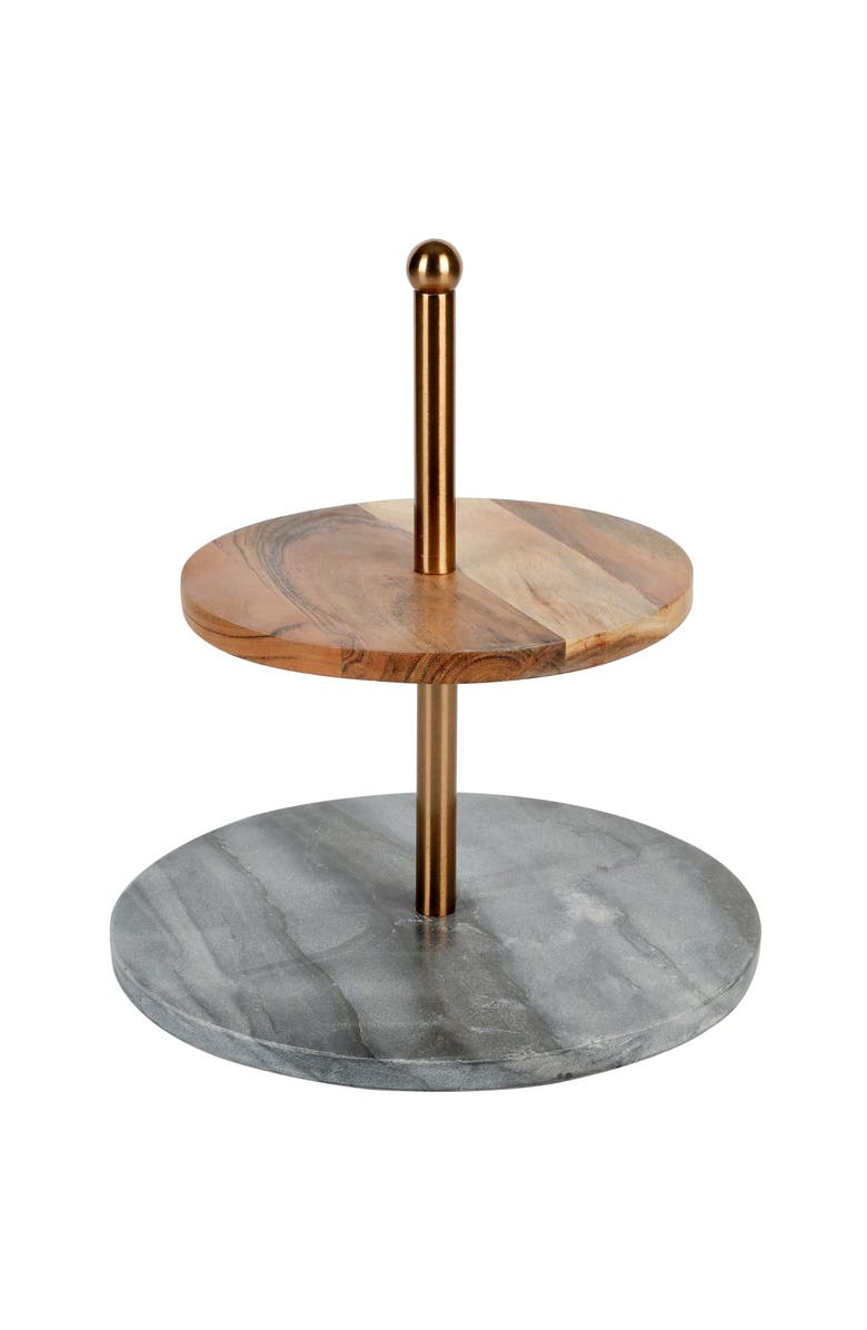 Laurie Gates California Designs Marble and Acacia Wood 2 Tier Server, Main, color, Grey And Brown