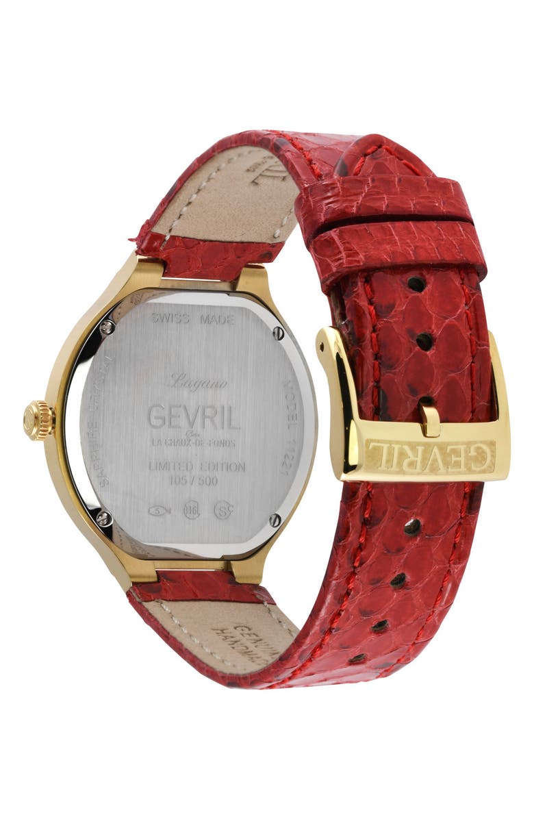 GEVRIL Lugano Diamond Croc Embossed Leather Strap Watch, 35mm, Alternate, color, Red
