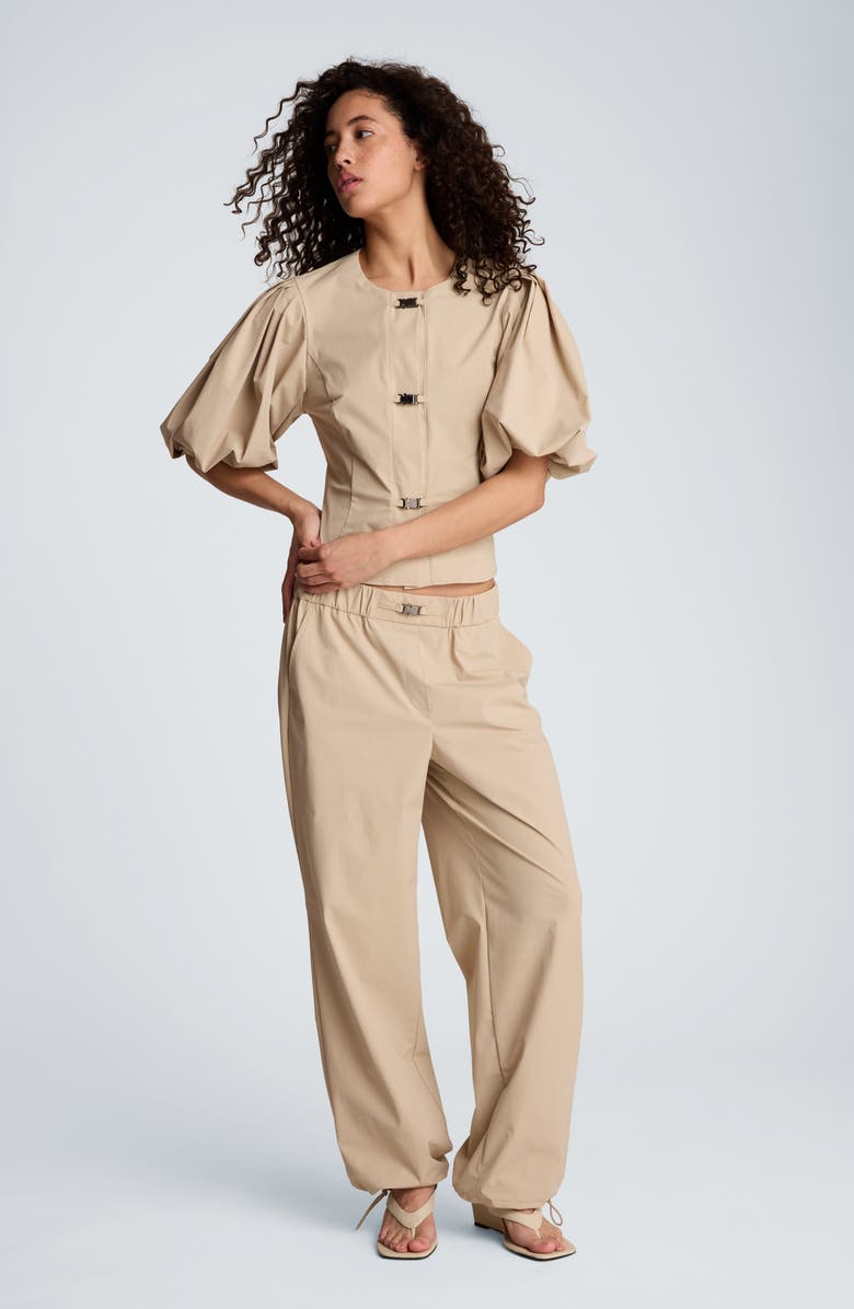 Kenneth Cole Buckle Front Bubble Sleeve Top, Alternate, color, Timeless Taupe