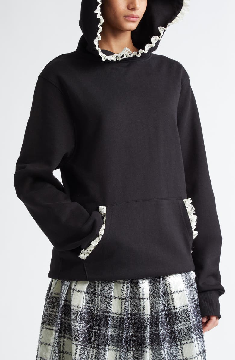 Tanner Fletcher Gender Inclusive Becky Lace Trim Cotton Hoodie, Alternate, color, Black