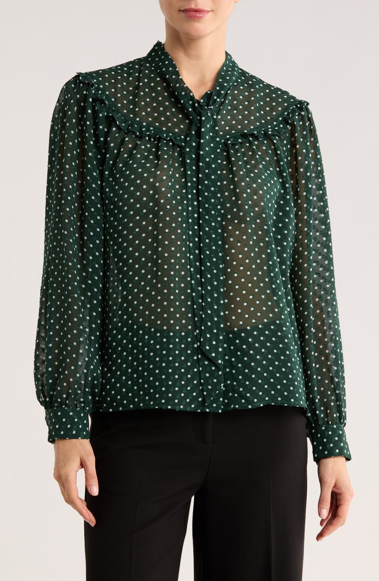 Gemma + Jane Tie Neck Button-Up Shirt, Main, color, Emerald Green/ White Dot