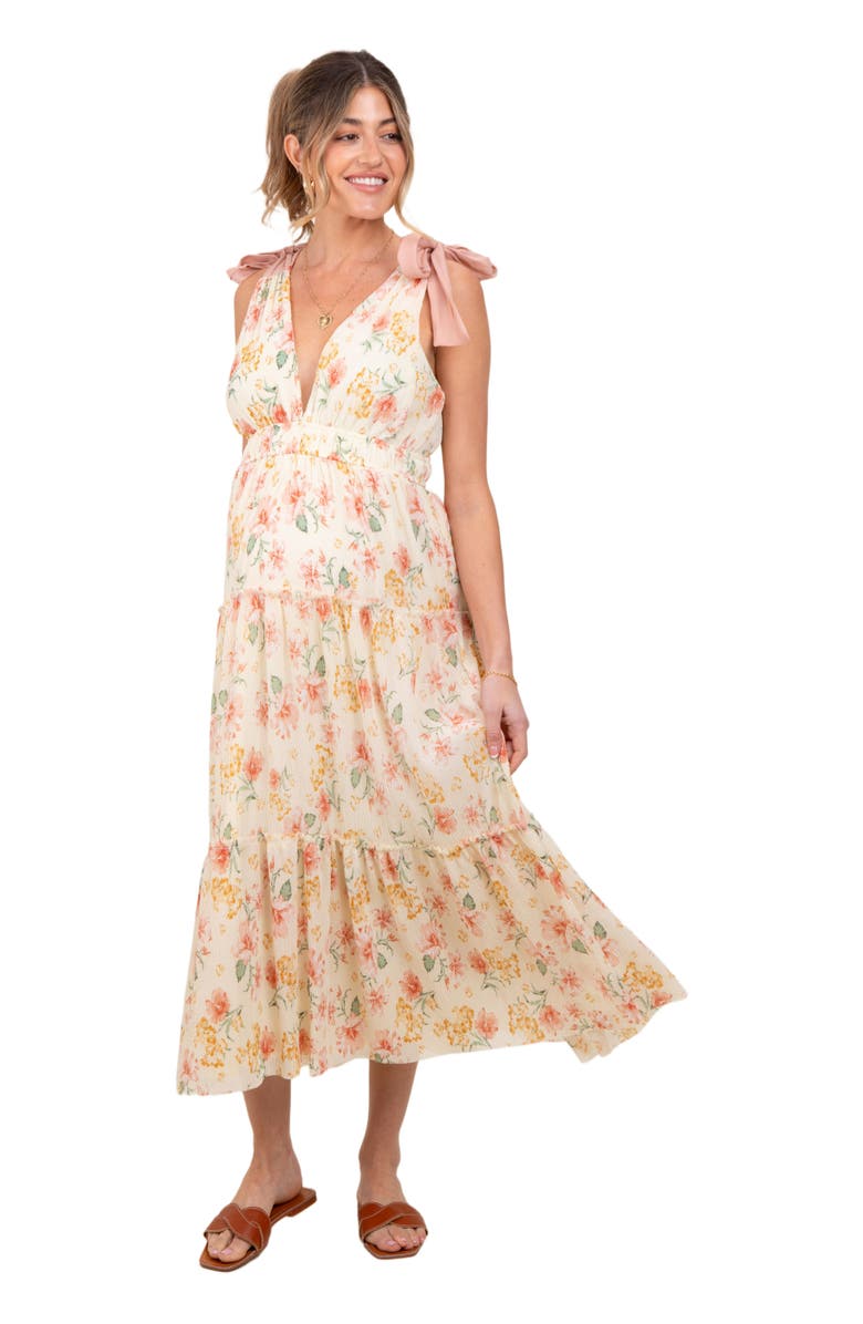 PinkBlush Floral Shoulder Tie Deep V-Neck Tiered Maxi Dress, Main, color, Cream