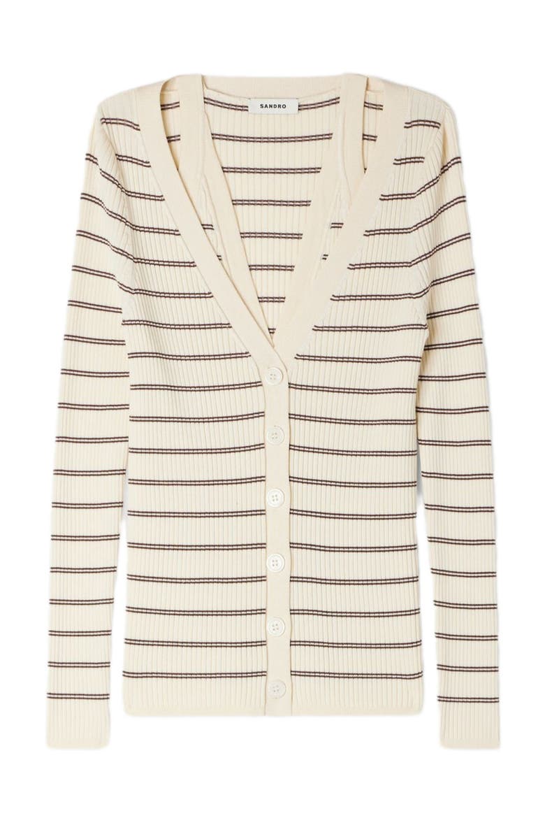 Striped ribbed cardigan, Alternate, color, Ecru / brown
