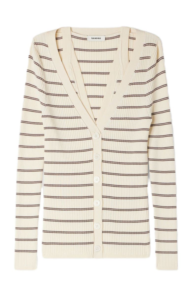 SANDRO Striped ribbed cardigan, Alternate, color, Ecru / Brown