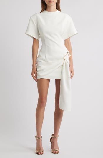 Lioness Martini Structured High Neck Drape Waist Metal Hardware Detail Mini Dress In Porcelain