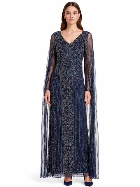 V-Neck Linear Beaded Dress with Long Cape