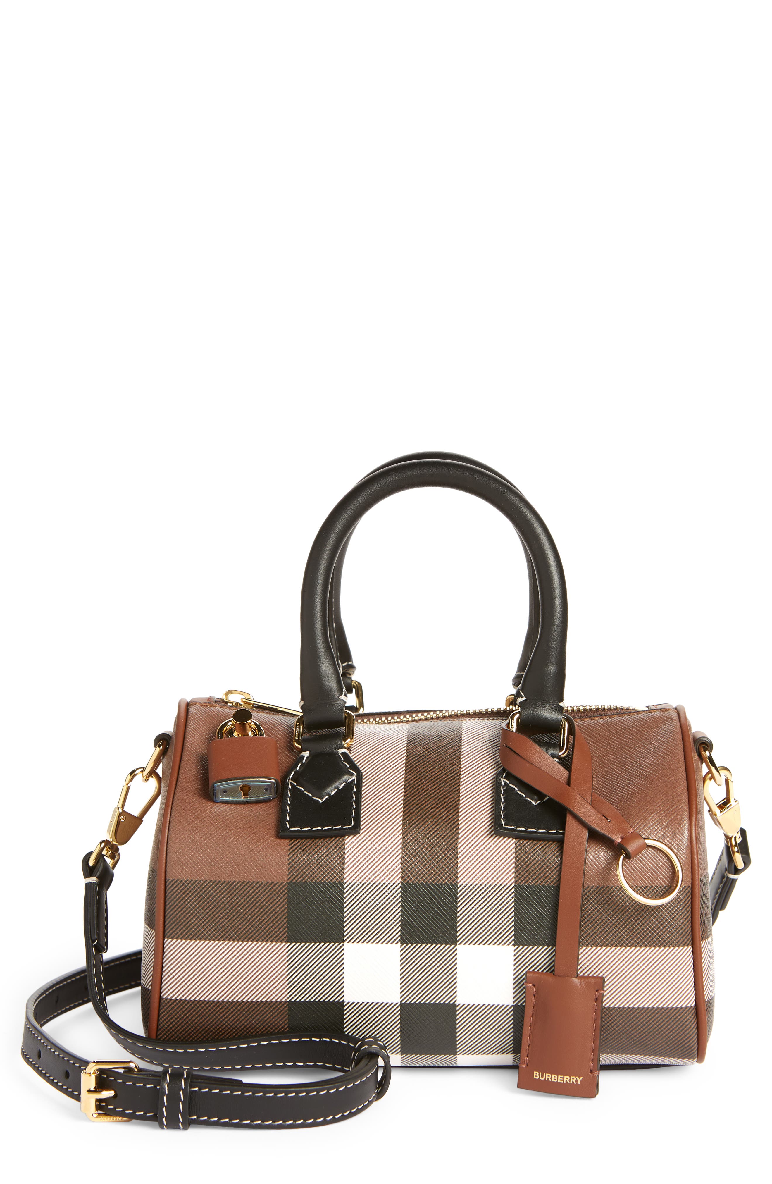 Burberry Mini Check Canvas & Leather Bowling Bag, Main, color, Dark Birch Brown Chk