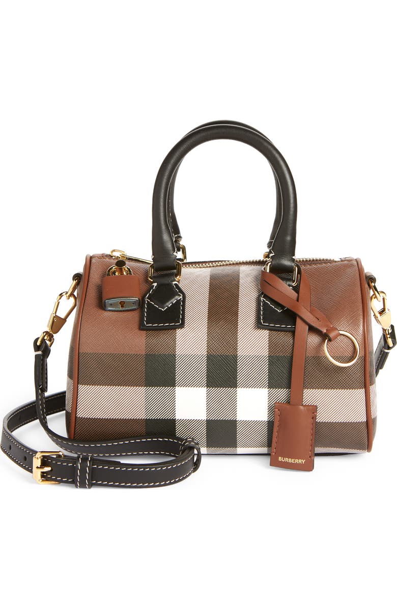 Burberry Mini Check Canvas & Leather Bowling Bag, Main, color, Dark Birch Brown Chk