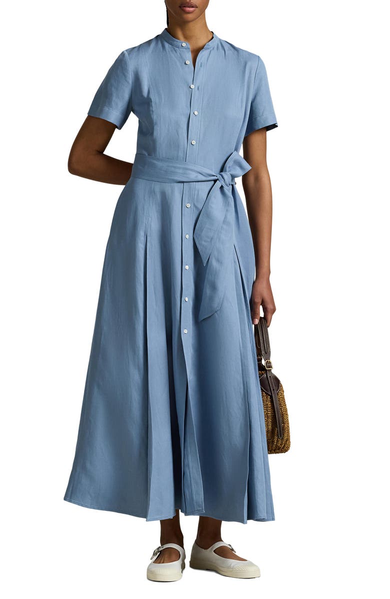 Polo Ralph Lauren Belted Silk Blend Maxi Shirtdress, Main, color, 