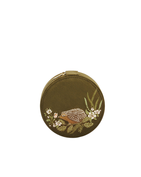Hedgehog Embroidered Faux Suede Round Jewelry Box
