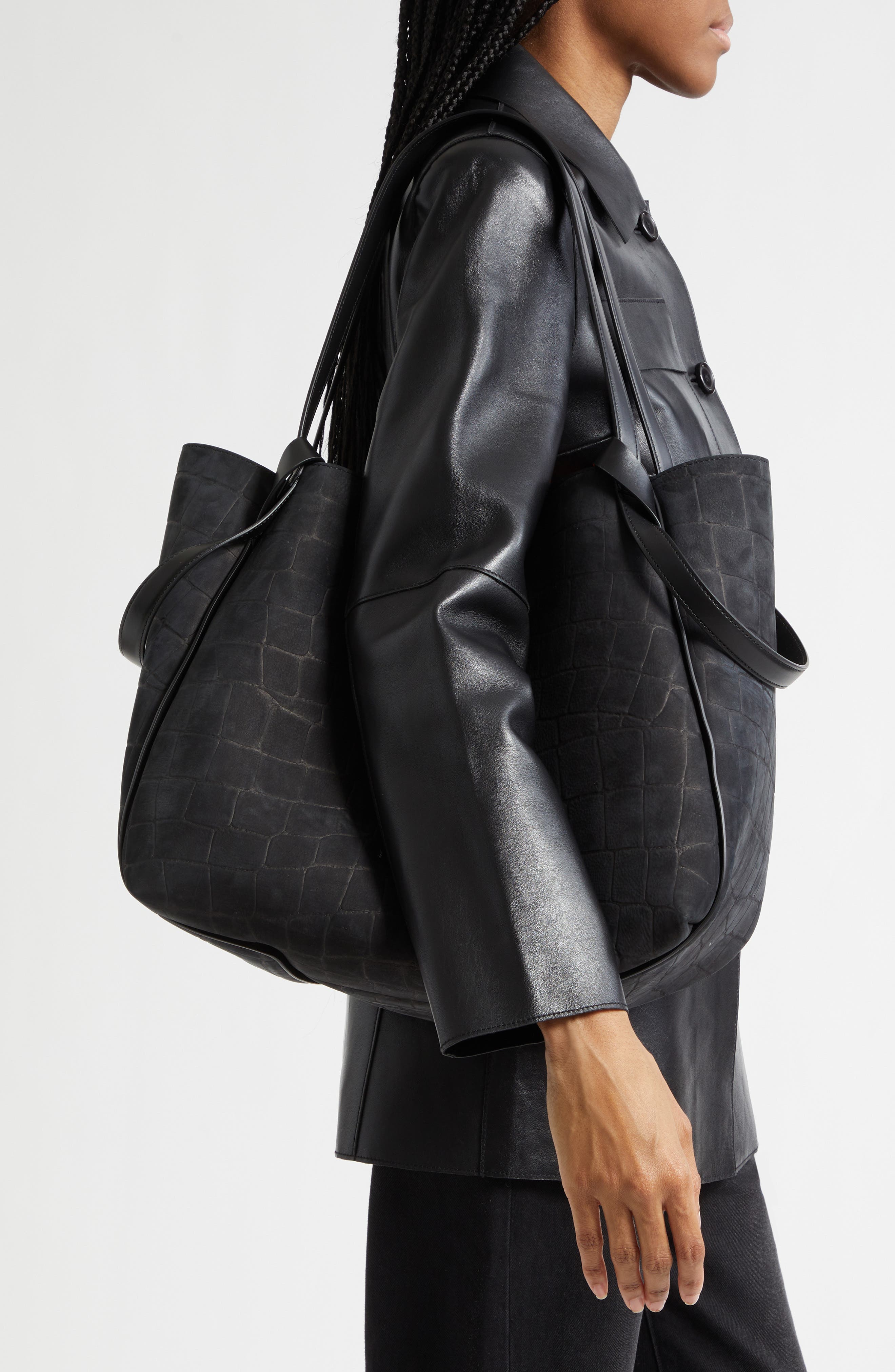 Large Bettina Croc Embossed Nubuck Leather Tote, Alternate, color, BK01 BLACK