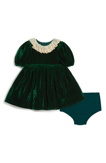 Pippa & Julie Lilia Velvet Collared Dress & Bloomers In Green