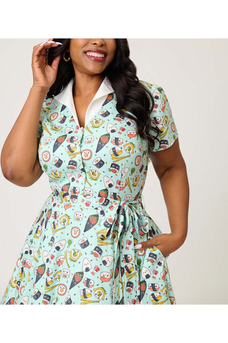 Plus Size 1950s Collared Shirt Dress, Alternate, color, Green Sushi Print