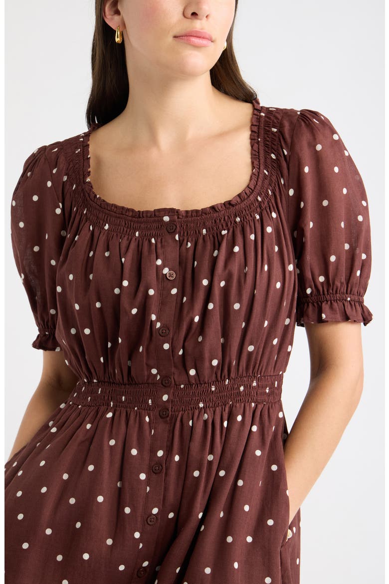 Smocked Midi Dress, Alternate, color, BROWN IVORY TOSS DOT