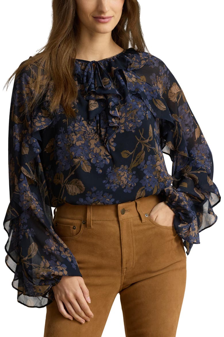 Floral Print Ruffle Trim Blouse, Main, color, NAVY BLUE/ MULTI