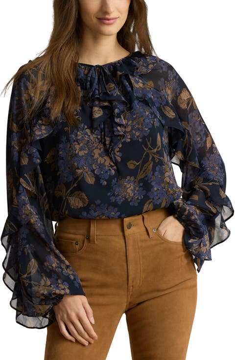 Floral Print Ruffle Trim Blouse