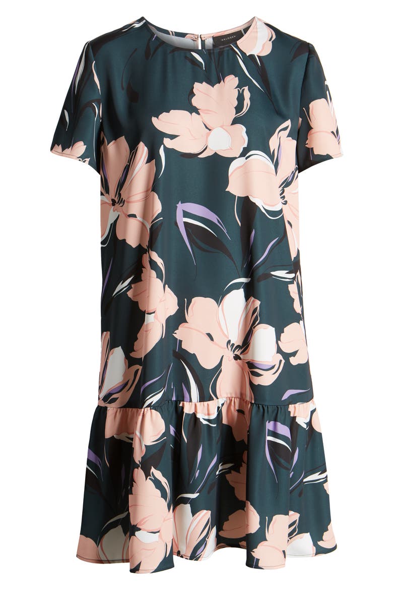 Short Sleeve Ruffle Hem Dress, Alternate, color, GREEN FLORAL