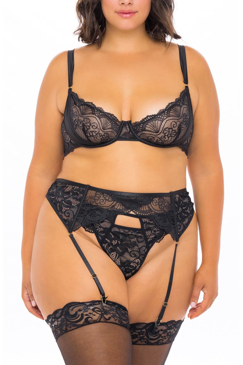 Lace Underwire Bra, G-String & Garter Belt Set, Main, color, BLACK